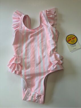 Tucker Pink and White Striped Ruffle Skirt One-Piece Swimsuit